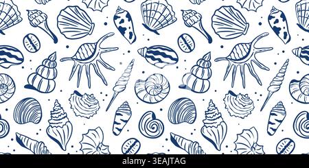 Handgezeichneter Druck von Muscheln und Muscheln im mediterranen Stil. Unterwasser-Meeresbewohner, marineblaue Illustrationen auf weißem Hintergrund. Marine Stock Vektor