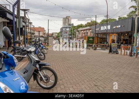 PUERTO IGUAZU, 29. januar 2026; Leitartikel Stadtbild ohne Verkehr an der avenida Brazil im touristischen Stadtzentrum, aufgenommen in hellem, wolkigen Licht im Sommer auf jan Stockfoto