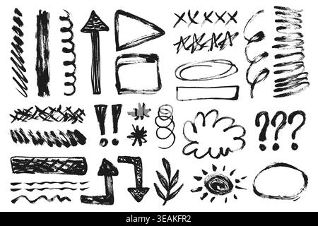 Grunge Scribble Elements Set. Handgezeichnete Grungy Doodle Elements Kollektion. Skizzieren Sie Pinselstriche, um Formen zu unterstreichen. Marker, dekorative Highlight aus Kreide Stock Vektor