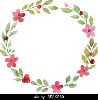 Blumenkranz mit rosafarbenen Blumen, roten Beeren, grünen Blättern. Botanischer Rahmen für Hochzeitseinladungen, Grußkarten, Schreibwaren. Vektor-EPS. Stock Vektor