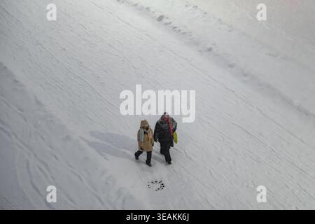 Tallinn, Estland - 03. Januar 2025: Blick auf zwei Figuren, die einen schneebedeckten Hang überqueren, deren dunkle Silhouetten sich von dem unberührten weißen B abheben Stockfoto