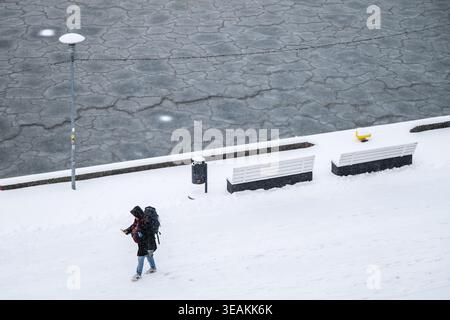 Tallinn, Estland - 03. Januar 2025: Blick auf eine Einzelfigur, die durch die schneebedeckte Landschaft streift, ein starker Kontrast zum gefrorenen Meer und den Bänken. Stockfoto