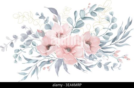 Blumenrahmen in Aquarellfarben mit rosa Blüten, grünen, goldenen Eukalyptusblättern. Handgemalte botanische Grünborte für Hochzeitseinladungen. Vektor-EPS Stock Vektor