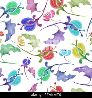 Nahtloses Aquarellmuster mit lebendigen, stilisierten Volksblumen und grünen Blättern. Heller botanischer floraler Hintergrund für Textil, Enic Dekor, Vektor EPS. Stock Vektor