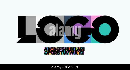Startup-Wort-Logo, bunte geometrische Schriftart auf schwarzem Hintergrund, moderne abstrakte Typografie für Business-Banner, Website-Header. Startschriftarten für Tech Stock Vektor