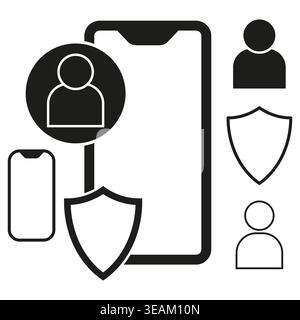 Eine konzeptionelle Vektorillustration, die die Sicherheit von Benutzerkonten und den Datenschutz von Mobiltelefonen durch verknüpfte Profil- und Schildsymbole veranschaulicht. EPS 1 Stock Vektor