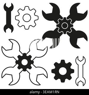 Ein moderner Vector-Satz von Schraubenschlüssel- und Zahnradsymbolen, präsentiert in soliden und umrissenen Designs und symbolisiert Engineering-, Wartungs- und technische Lösungen. Stock Vektor