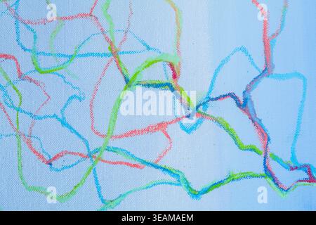 Stillleben von Blumen in einem Topf mit Acrylfarbe und Pastelldesign auf Leinwand in hellen Farben Stockfoto