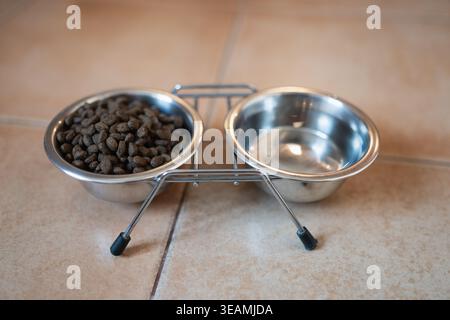 Tierschalen aus Metall mit Trockenfutter für Hunde und Wasser auf dem Boden. Fütterungseinrichtung für Haustierpflege und tägliches Routinekonzept mit Kopierraum Stockfoto
