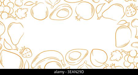 Illustration mit Obstrand im Linienart-Stil mit Apfel, Banane, Birne, Avocado, Trauben und Erdbeere. Skizzieren Sie einen Hintergrundrahmen, der für Lebensmittel auf weiß isoliert ist Stock Vektor