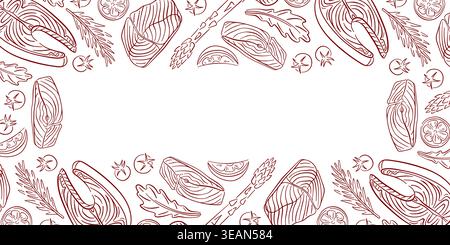 Handgezeichneter Lachsrand mit Steakschnitt, Kräutern, Spargel und Gewürzen. Strichkunst-Illustration auf weißem Hintergrund für Meeresfrüchte-Restaurant-Branding, Essen Stock Vektor