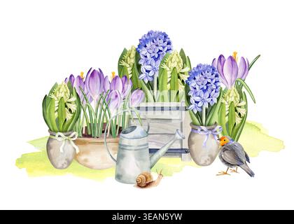 Frühlingsgarten Komposition von Fliederkrokussen, blaue Hyazinthe, Schneeglöckchen, Blumen in Holzkiste, Töpfe, Vintage-Gießkanne, Vogel, süße Schnecke auf frischem gr Stockfoto
