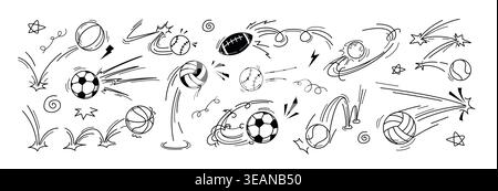 Vektor-Doodle-Sportball-Flugbahn-Bounce mit Bewegungslinien-Effekten. Handgezeichneter Fußball, Fußball, Basketball, Rugby, Volleyball, Tennis und Baseball zeichnen Ikonen mit fliegenden Hüpfbewegungen und Sprüngen Stock Vektor