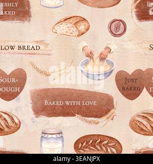 Sauerteig, Weizen, Teigstretching, handwerkliches Brot nahtloses Aquarellmuster auf strukturiertem beigem Hintergrund. Handgemaltes Backwarendesign für Verpackungen Stockfoto