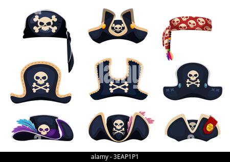 Piratentricorn, Korsair Captains Hüte und Matrosenbandana, vektorschwarze Dreihörner mit Schädeln und gekreuzten Knochen. Bandana mit rotem Schädelmuster, Kopfbedeckungen mit Federn und goldenen Kanten. Piraten Kopfbedeckungen Stock Vektor
