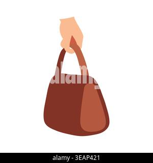 Minimalistischer flacher Vektor einer Hand, die eine stilvolle braune Handtasche trägt. Perfekt für Mode-, Shopping- und Einzelhandelsprojekte mit klaren Formen. Stock Vektor