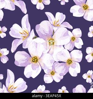 Nahtloses botanisches Muster in Aquarellfarben mit üppigen weißen Blumensträußen auf einem dunkelvioletten Hintergrund. Das Muster bildet eine durchgehende, frische Blüte Stockfoto