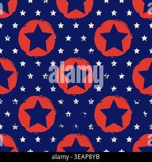 Nahtloses Muster mit Sternen in US-Flaggenfarben. Blauer Hintergrund mit roten Kreisen und weißen handgezeichneten Sternen. Patriotischer Vektor-Hintergrund für den 4. Juli, Stock Vektor