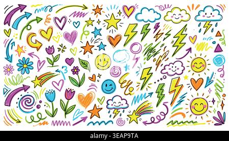 Buntstift Linie Symbol Pastell Set. Stock Vektor