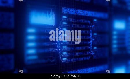 Abstrakte blaue Big Data Flow Visualisierung des Lernprozesses von binären neuronalen Netzen. Quantencomputer künstlicher Intelligenz. Futuristisch digital Stockfoto