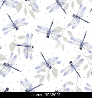 Ein schlichtes Muster mit Libellen in einem zarten Aquarellstil, ein leichtes und elegantes Design auf weißem Hintergrund. Stockfoto