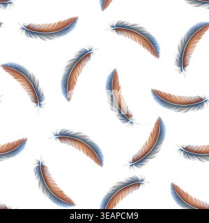 Ein durchgehendes Aquarelldesign mit Vogelfedern, das mit der Handmaltechnik erstellt wurde. Stockfoto