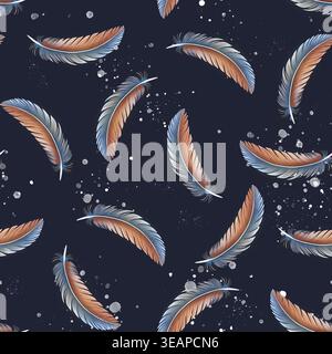 Ein durchgehendes Aquarelldesign mit Vogelfedern, das mit der Handmaltechnik erstellt wurde. Stockfoto