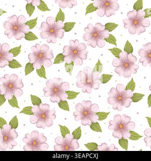 Nahtloses Muster mit rosafarbenen Blumen und grünen Blättern, Aquarellhandgemalter floraler Hintergrund auf hellem Hintergrund. Stockfoto