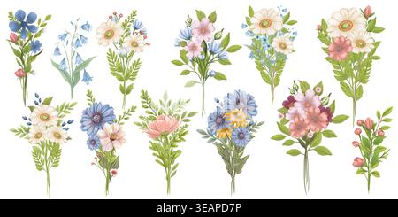 Set von Wildblumensträußen in sanftem Aquarellstil, zarte handgemalte Blumenarrangements isoliert auf hellem Hintergrund. Stockfoto