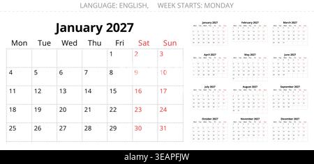 2027 englische Kalenderplaner-Sammlung mit 12 separaten monatlichen Seiten druckbaren Vektorset montag-Start Stockfoto