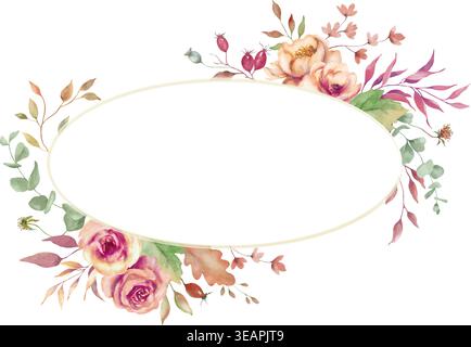 Aquarell Herbst Blumenrahmen mit Rosen, Blumen, Beeren fallen Blätter. Horizontale botanische Grenze für rustikale Hochzeitseinladungen. Vektor-EPS. Stock Vektor