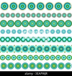 Farbenfrohe kreisförmige, blumige ethnische Grenzen in blau-grünen Farben. Illustration des Mandal Ornament Vektors. Reihe von sich wiederholenden Kreisen und Blumen. Deko-Set Stock Vektor