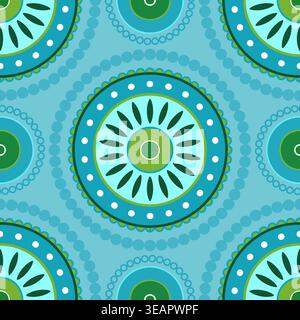 Nahtloses Muster von Kreisen. Stilvolles Blumendesign. Geometrisches Mandala-Ornament in hellgrünen blauen Farben. Dekorative, sich wiederholende runde Ornamente Stock Vektor