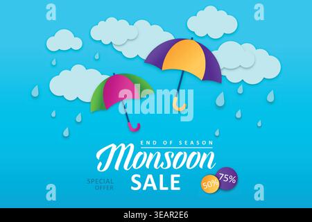 Monsun Sale bietet Bannerschablone mit Papier geschnittenen Wolken und einem farbenfrohen Regenschirm auf blauem Hintergrund. Stock Vektor