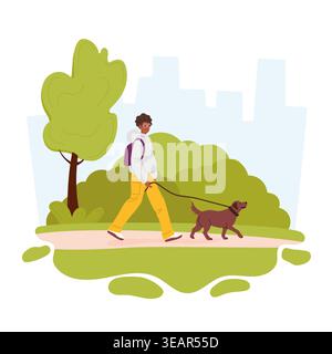 Hundegang. Ein junger Mann in bequemer Kleidung führt den Hund. Vektor-Illustration für Haustier-Lebensstil, urbanes Hundelaufen, Aktivitäten. Stock Vektor
