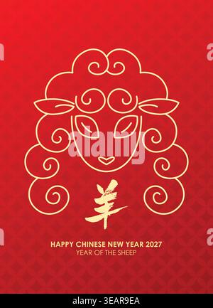 Zodiac-Schafporträt im Linienart-Stil. Chinesisches Neujahr der Schafe 2027 vertikale Grußkarte oder Postervorlage. Stock Vektor