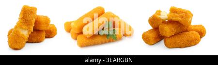 Köstliche gebratene Käsestäbchen isoliert auf weiß, Set Stockfoto