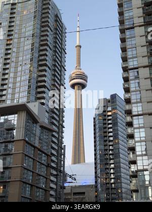 CN Tower und Rogers Centre, eingerahmt von modernen Hochhauswohnungen in der Abenddämmerung, Downtown Toronto, Ontario, Kanada. Stockfoto