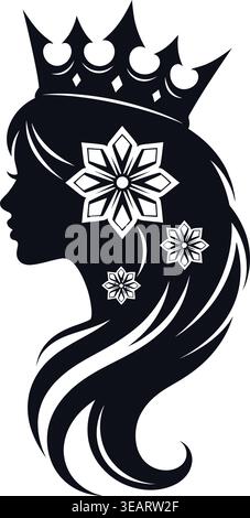 Dieses Bild zeigt eine auffällige schwarze Silhouette eines königlichen Profils mit einer Krone und komplizierten Blumenmustern. Die Krone sitzt deutlich oben Stock Vektor