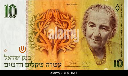 Vorderseite der israelischen 10 Neuschäfer-Note mit Porträt der Premierministerin Golda Meir, der einzigen weiblichen Staatsoberhäupterin. Stockfoto