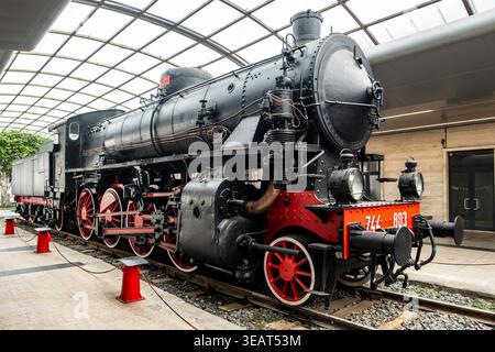 Dampflokomotive FS-Baureihe 744 im Bahnhof Cagliari auf Sardinien. Schwarz-roter Oldtimer-Zug unter einem modernen Glasdach. Stockfoto
