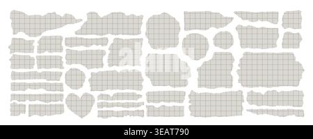 Set aus gerissenen Papierstücken mit Gitterstruktur, gerissenen Kanten und unregelmäßigen Formen. Abstrakte Collage-Elemente isoliert auf weißem Hintergrund, perfekt für Scrapbooking, Design, Mockups und kreative Projekte Stock Vektor