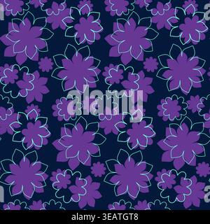 Das leuchtende, nahtlose Blumenmuster zeigt dunkle lila und hellviolette Blüten. Einige Blüten sind in hellem Aqua vor einem tiefen marineblauen Hintergrund umrissen. Stock Vektor
