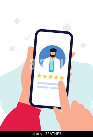 Abbildung eines Smartphones mit einem Arzt-Profil mit fünf Sternen, die Telemedizin-Dienste, Online-Gesundheitsberatung, PA Stock Vektor