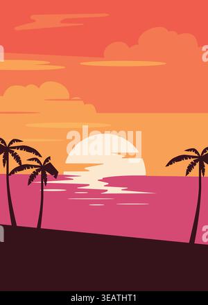 Minimalistische tropische Sonnenuntergangsszene mit Palmensilhouetten, glühender Sonne und ruhigen Ozeanreflexionen. Warme Farbverläufe schaffen einen ruhigen Urlaub vib Stock Vektor