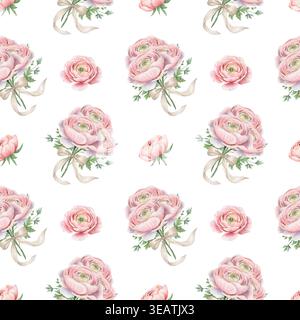Nahtloses Aquarellmuster mit eleganten rosafarbenen Ranunkelsträußen mit Seidenbändern und botanischem Grün, ideal für romantische Hochzeitseinladungen und florale Textildrucke, kosmetische Verpackungen Stockfoto