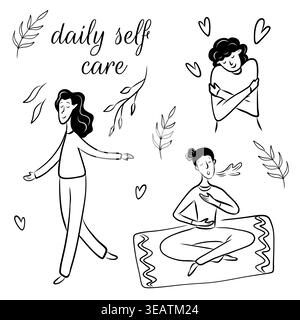 Vektorillustration von Mädchen, die sich um ihre psychische Gesundheit im Doodle-Stil kümmern. Selbstpflege, Harmony Stock Vektor