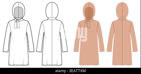 Langärmeliges Kleid mit Bindekragen, entspannte Silhouette, klare Konstruktionslinien, glatte Form und minimale Struktur. Technische Modesillustration in Schwarzweiß, Vorderansicht hinten, CAD-Vorlage. Vektor Stock Vektor