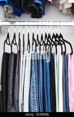 Damenhosen inklusive Jeans und Yogahosen ordentlich auf passenden Kleiderbügeln in aufgeräumter Garderobe, Mode und organisiertem Wohnraumkonzept mit c Stockfoto