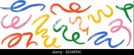 Farbige handgezeichnete organische Linie Kollektion. Pinselstrich, Squiggle Form Set. Vektor-Aktivkohle-Kreide-Serpentine-Streamer. Buntstift-Element-Bündel mit lockiger Welle. Wiggly Scribble Pack für Partydekor, Poster Stock Vektor